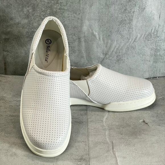 BELLA-VITA Women's Extra Wide White Leather Perforated Maribel Slip-On Sneakers - Picture 5 of 12